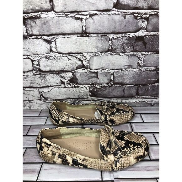 Aldo Cream Snake Skin Print Bow Leather Mocs Driving Shoes Women Sz 8M US/38.5EU - Picture 4 of 16